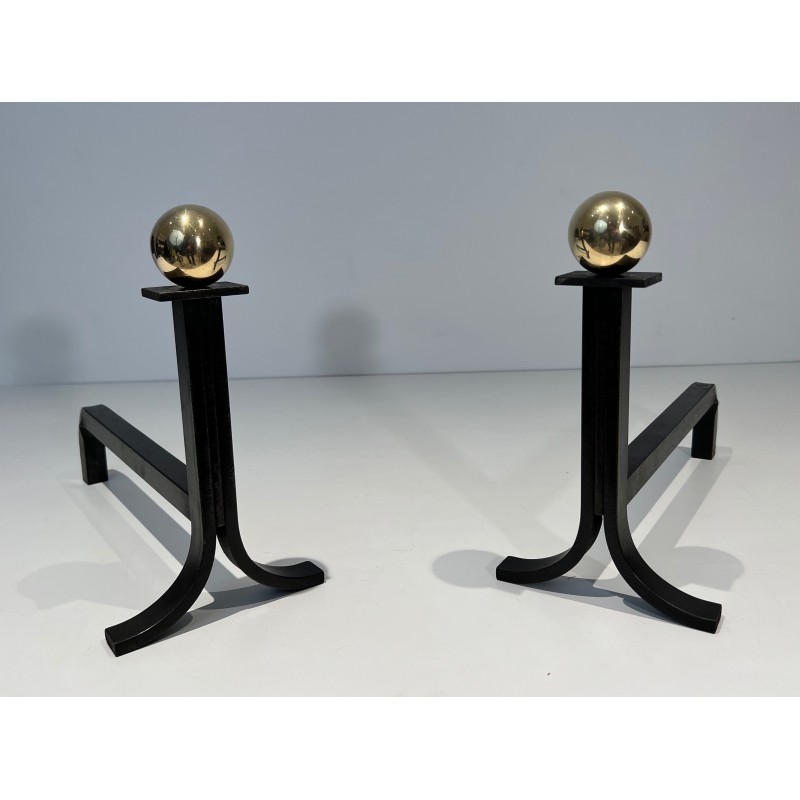 Pair of vintage steel and brass andirons, France 1970