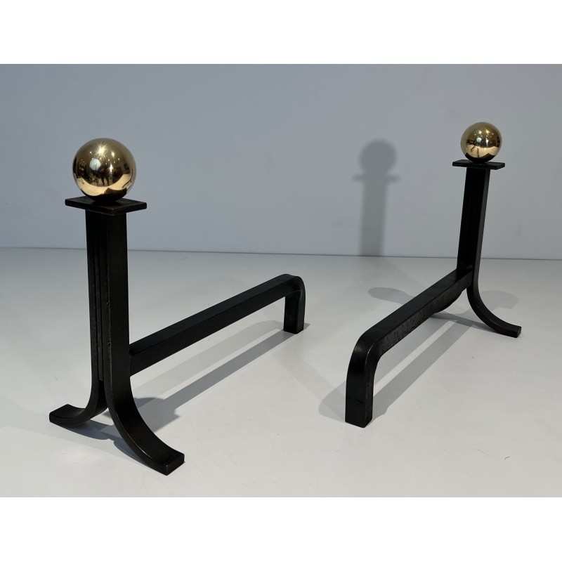 Pair of vintage steel and brass andirons, France 1970