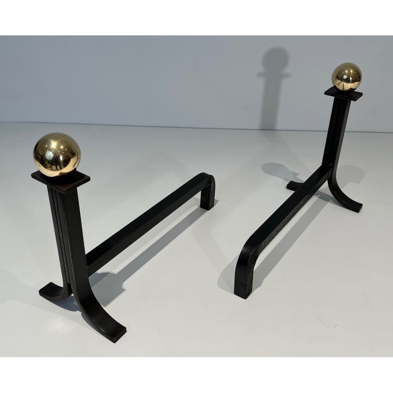 Pair of vintage steel and brass andirons, France 1970