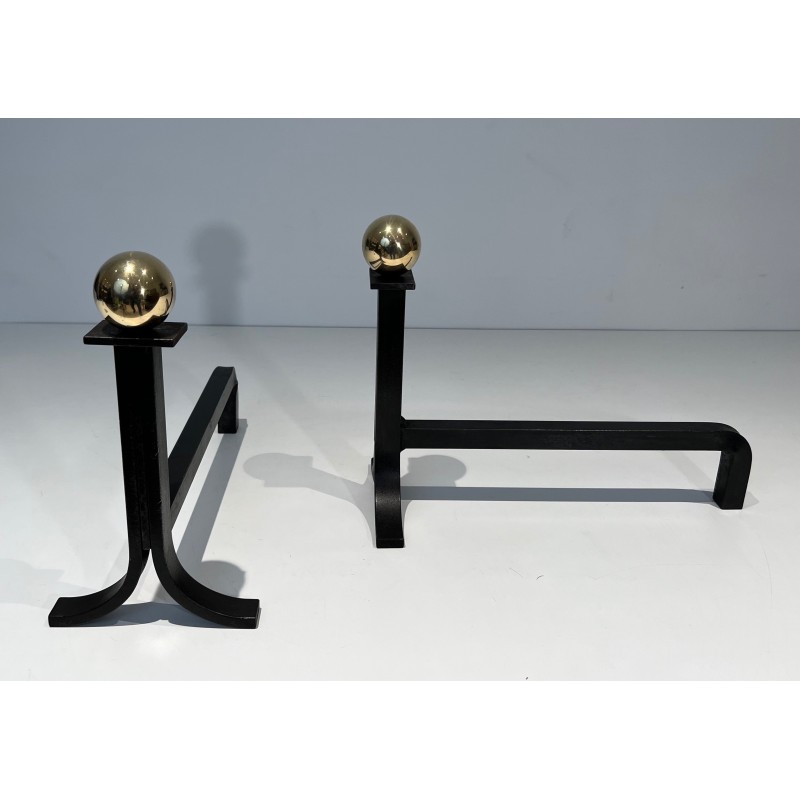 Pair of vintage steel and brass andirons, France 1970