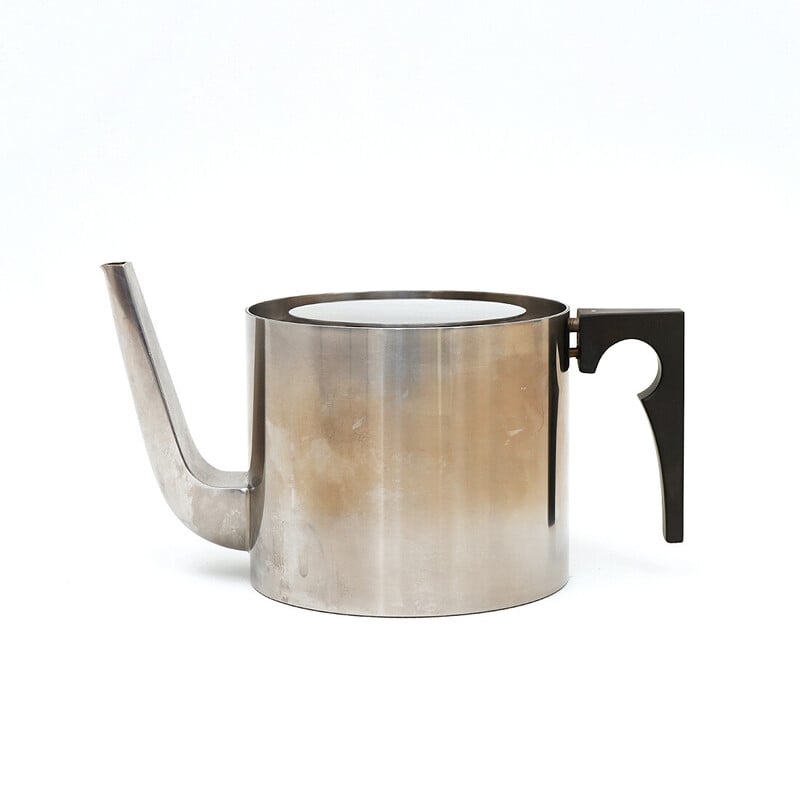 Bule de chá vintage em aço inoxidável e baquelite preta de Arne Jacobsen para Stelton, Dinamarca 1960