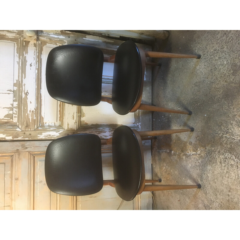 Pair of vintage Pegase chairs in beech and leatherette by Baumann, 1960