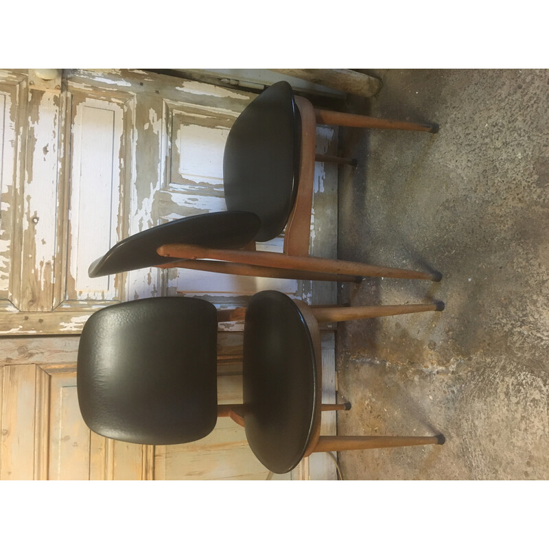 Pair of vintage Pegase chairs in beech and leatherette by Baumann, 1960