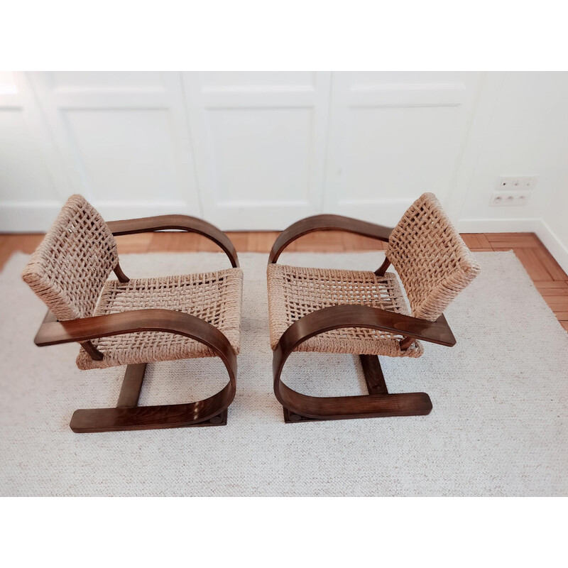 Pair of vintage armchairs in beech wood and rope by Adrien Audoux and Frida Minet, France 1950