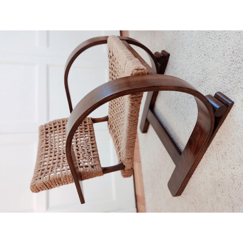 Pair of vintage armchairs in beech wood and rope by Adrien Audoux and Frida Minet, France 1950