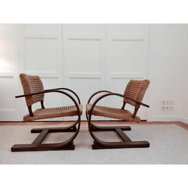 Pair of vintage armchairs in beech wood and rope by Adrien Audoux and Frida Minet, France 1950