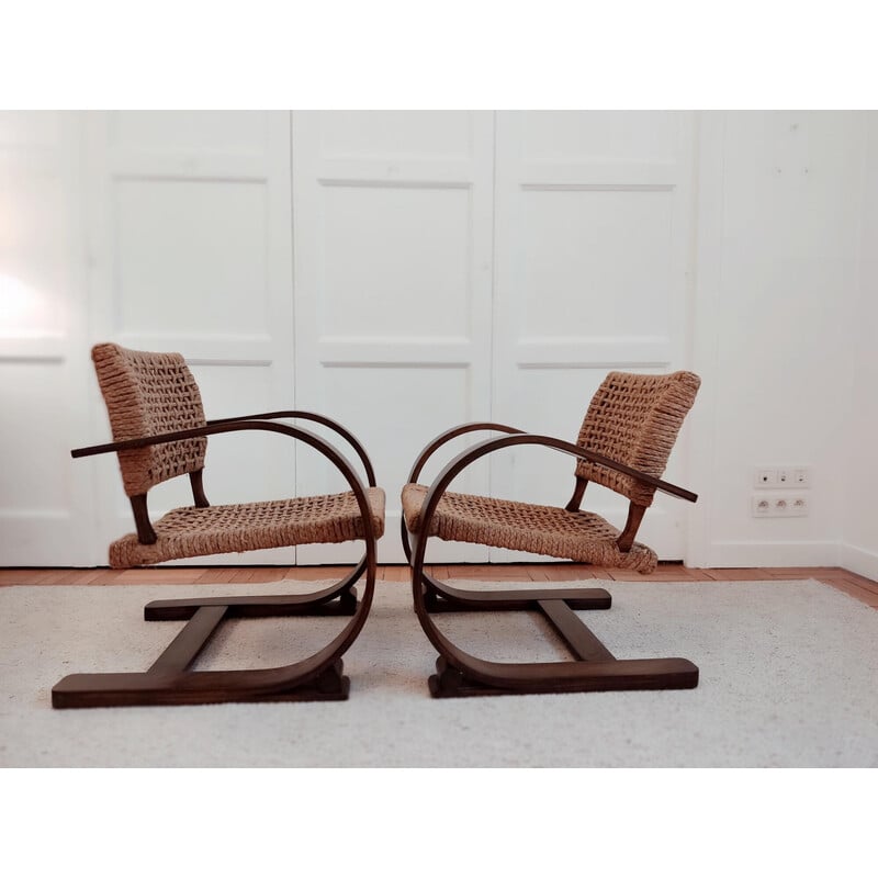Paire de fauteuils vintage en bois de hêtre et cordage par Adrien Audoux et Frida Minet, France 1950