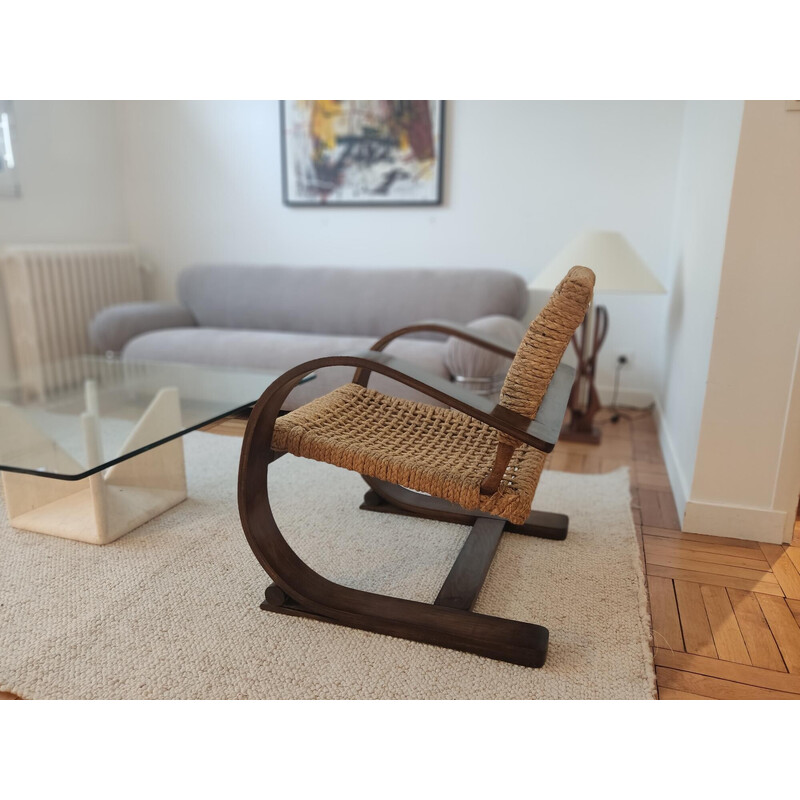 Pair of vintage armchairs in beech wood and rope by Adrien Audoux and Frida Minet, France 1950