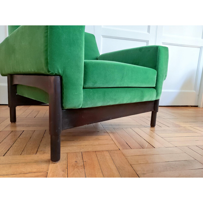 Paire de fauteuils vintage Kiushu en bois et velours par Sergio et Fratelli Saporiti, Italie 1960