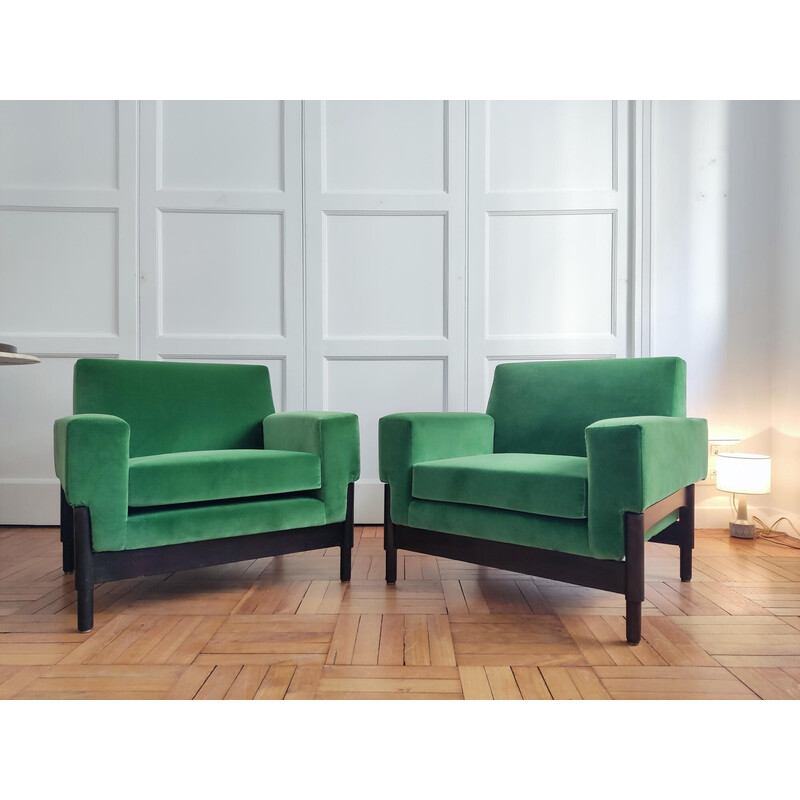 Pair of vintage Kiushu armchairs in wood and velvet by Sergio and Fratelli Saporiti, Italy 1960