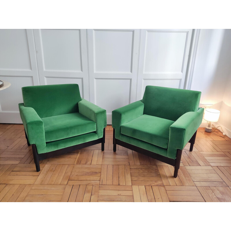 Pair of vintage Kiushu armchairs in wood and velvet by Sergio and Fratelli Saporiti, Italy 1960