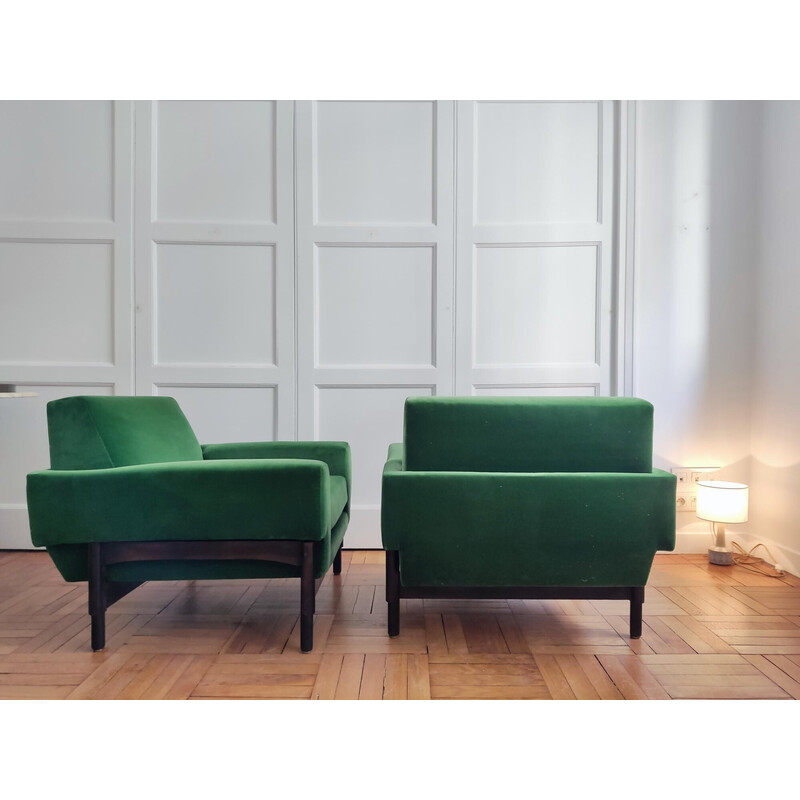 Pair of vintage Kiushu armchairs in wood and velvet by Sergio and Fratelli Saporiti, Italy 1960
