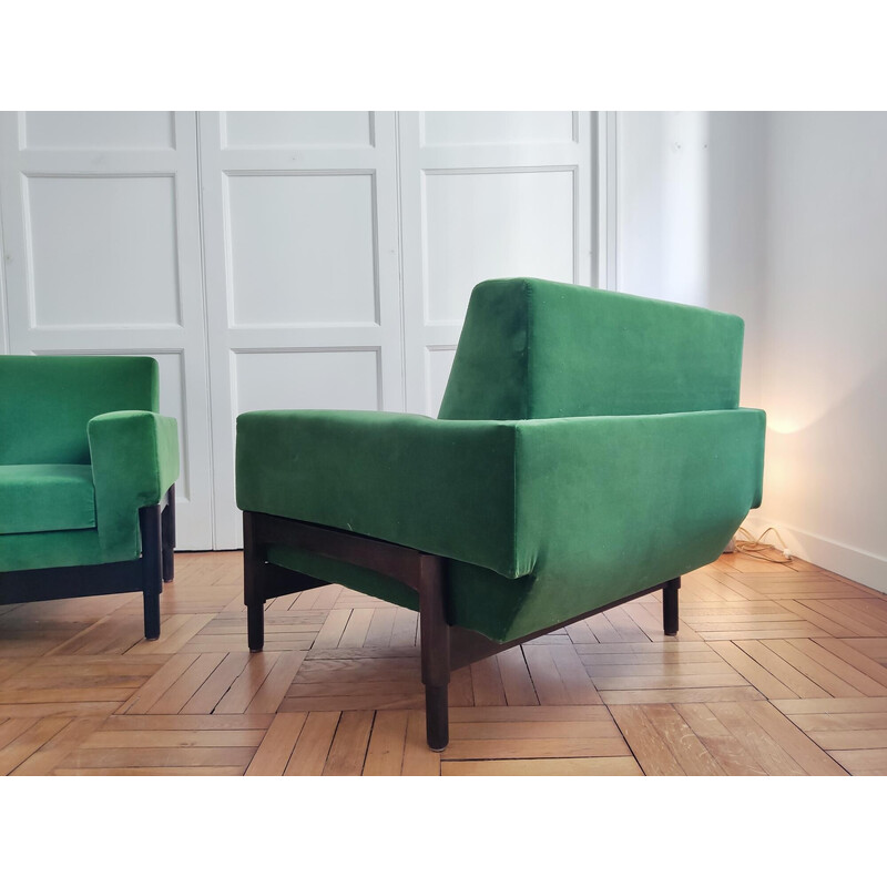 Pair of vintage Kiushu armchairs in wood and velvet by Sergio and Fratelli Saporiti, Italy 1960