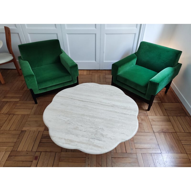 Pair of vintage Kiushu armchairs in wood and velvet by Sergio and Fratelli Saporiti, Italy 1960