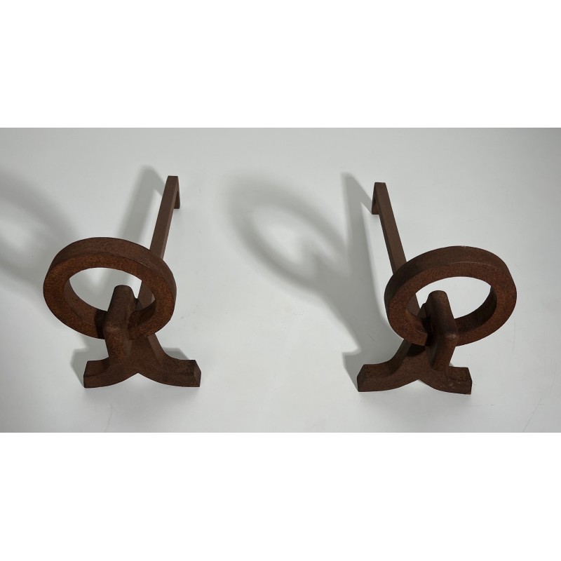 Pair of vintage wrought iron andirons, France 1950