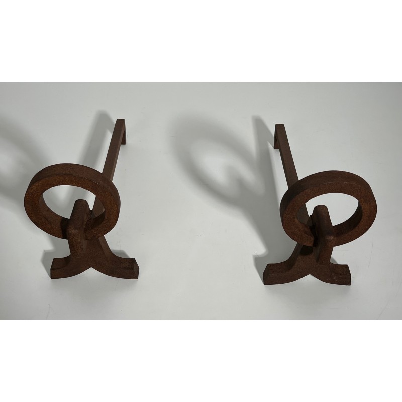 Pair of vintage wrought iron andirons, France 1950