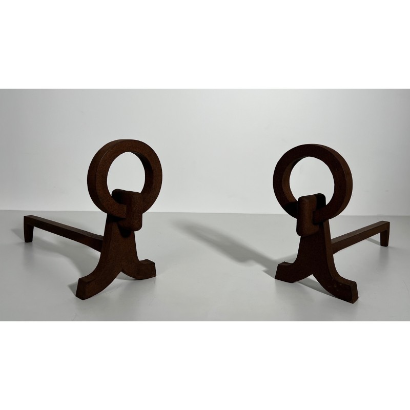 Pair of vintage wrought iron andirons, France 1950