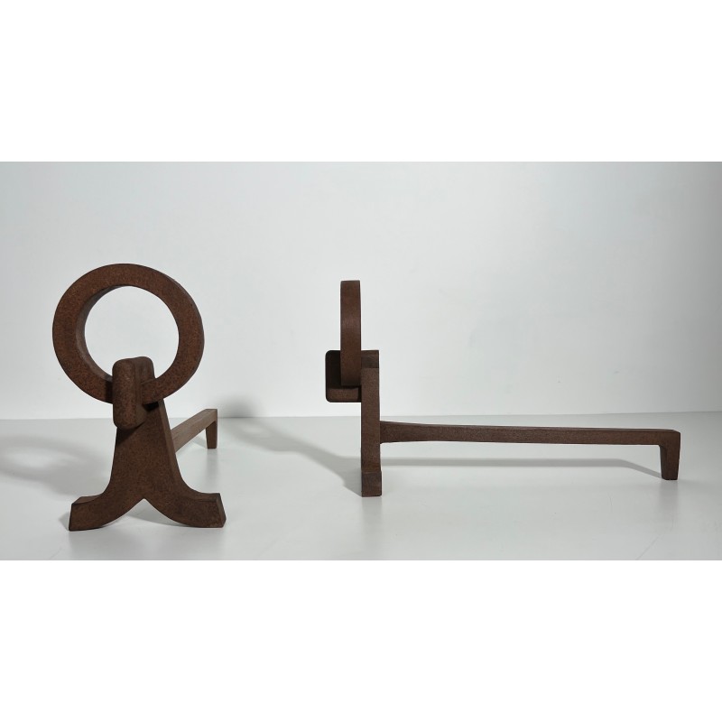 Pair of vintage wrought iron andirons, France 1950