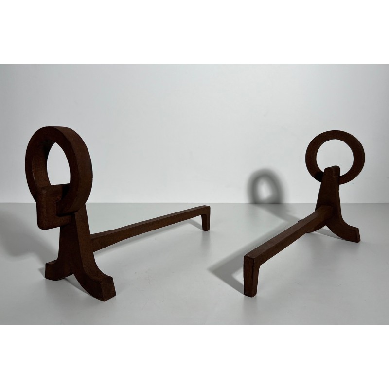 Pair of vintage wrought iron andirons, France 1950