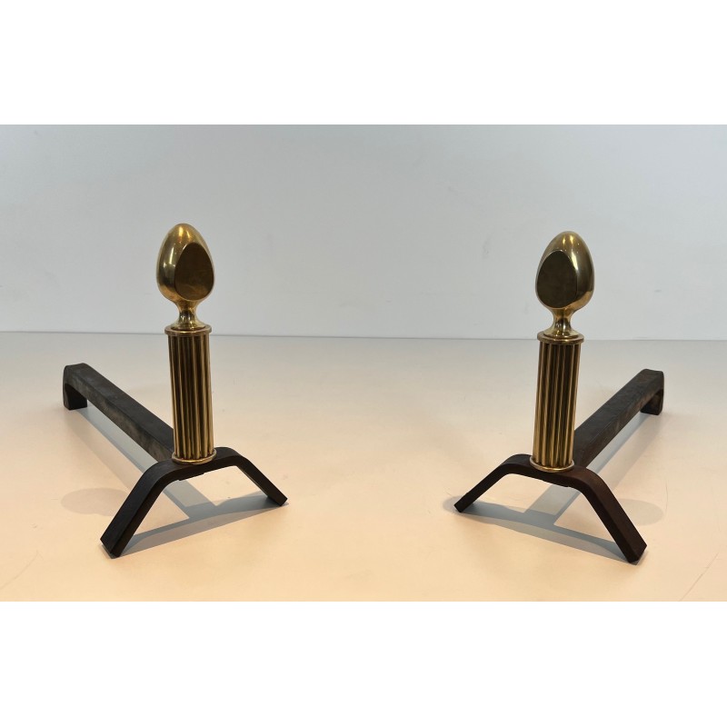 Pair of vintage brass and wrought iron andirons, 1940