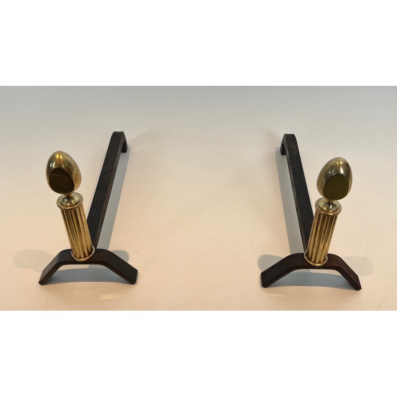 Pair of vintage brass and wrought iron andirons, 1940