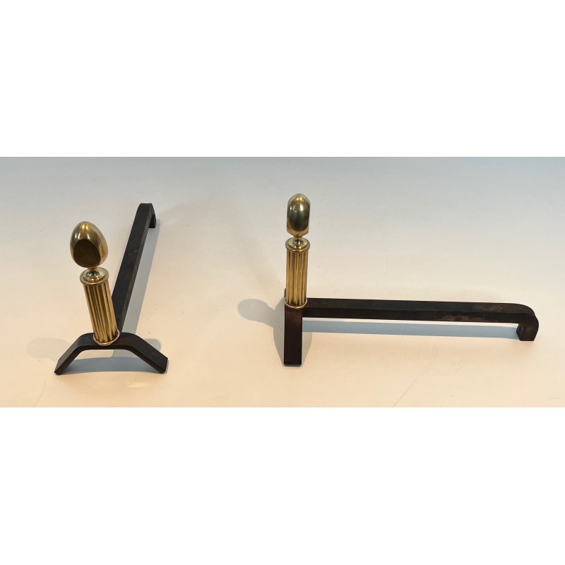 Pair of vintage brass and wrought iron andirons, 1940