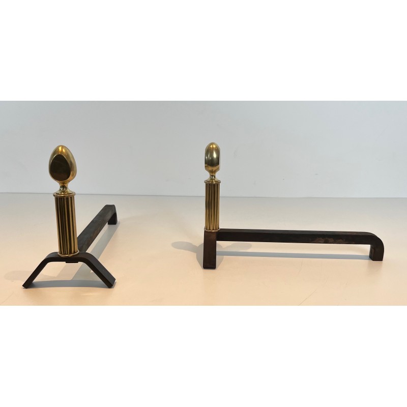 Pair of vintage brass and wrought iron andirons, 1940