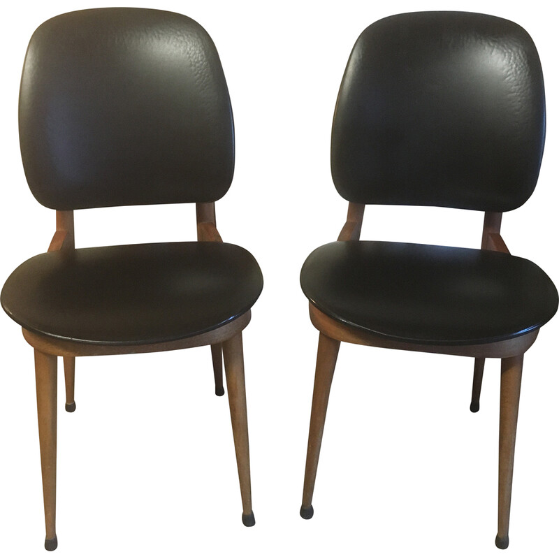 Pair of vintage Pegase chairs in beech and leatherette by Baumann, 1960