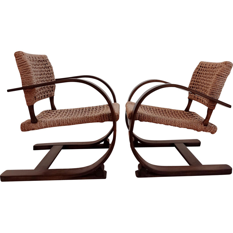 Pair of vintage armchairs in beech wood and rope by Adrien Audoux and Frida Minet, France 1950