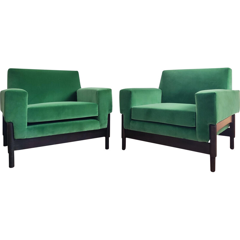 Pair of vintage Kiushu armchairs in wood and velvet by Sergio and Fratelli Saporiti, Italy 1960