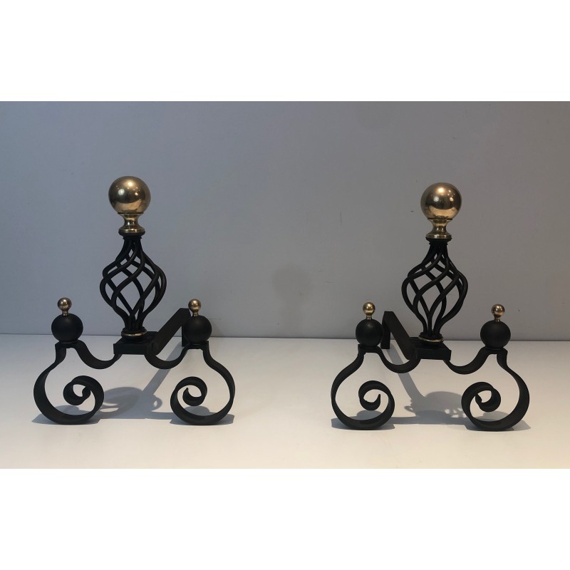 Pair of vintage wrought iron and brass bedside tables, France 1970