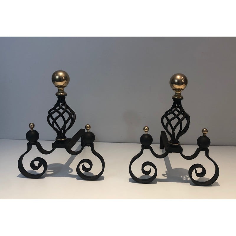 Pair of vintage wrought iron and brass bedside tables, France 1970