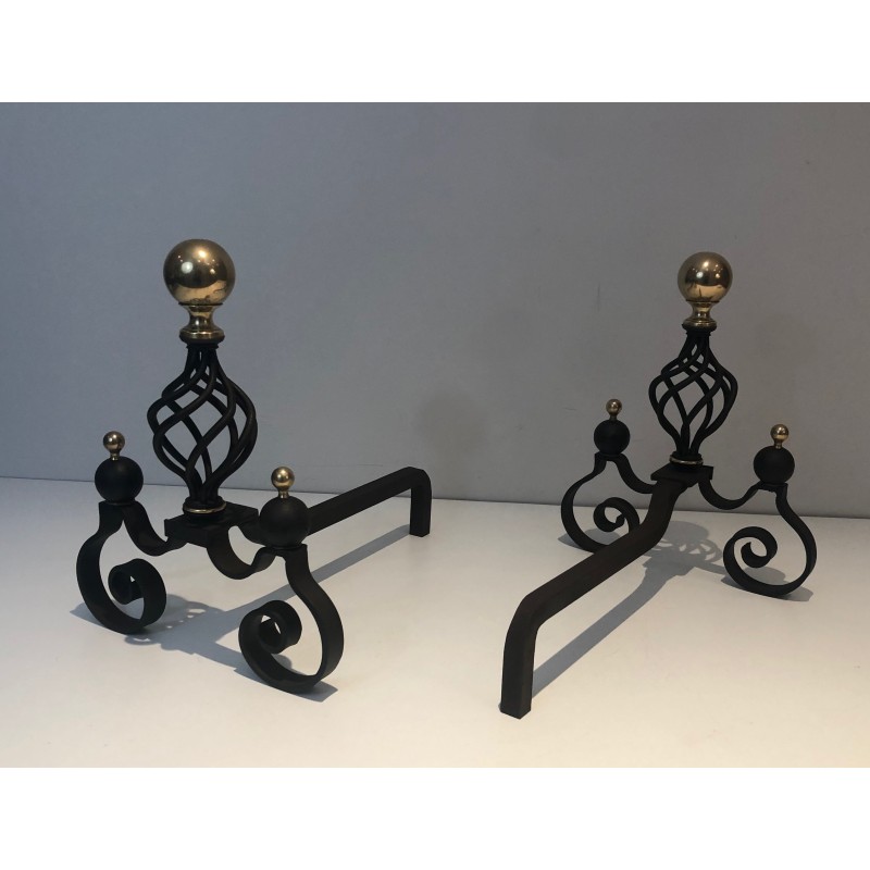 Pair of vintage wrought iron and brass bedside tables, France 1970