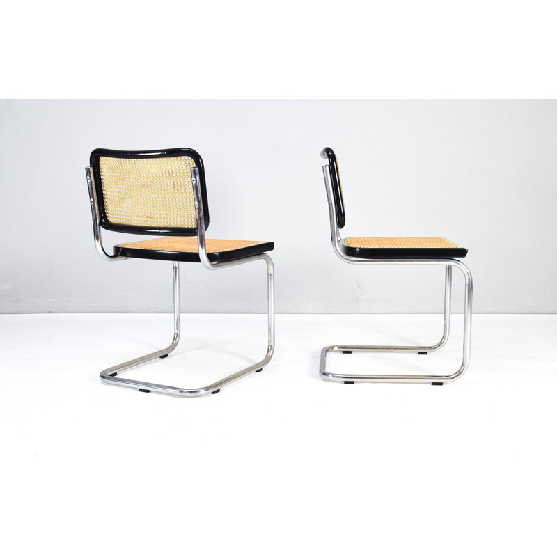 Pair of vintage Cesca chairs in black lacquered beech and natural grille by Marcel Breuer, Italy 1970