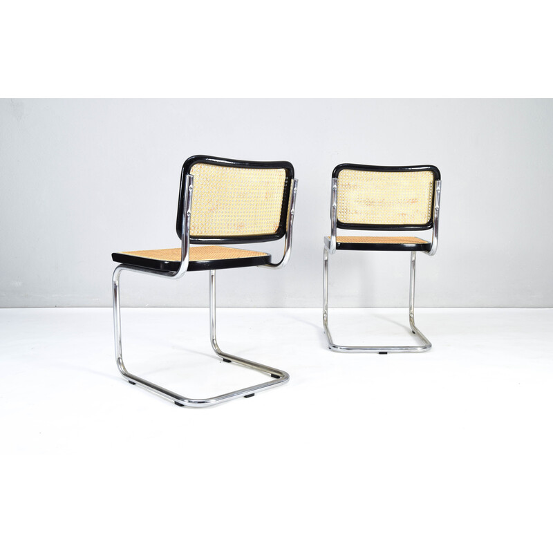 Paire de chaises vintage Cesca en hêtre laqué noir et grille naturelle par Marcel Breuer, Italie 1970