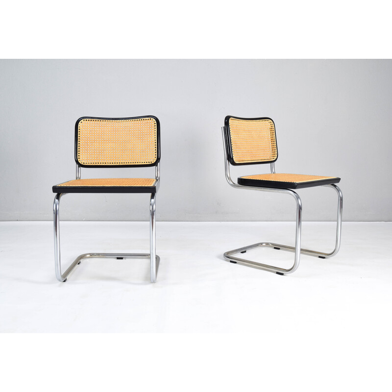 Paire de chaises vintage Cesca en hêtre laqué noir et grille naturelle par Marcel Breuer, Italie 1970