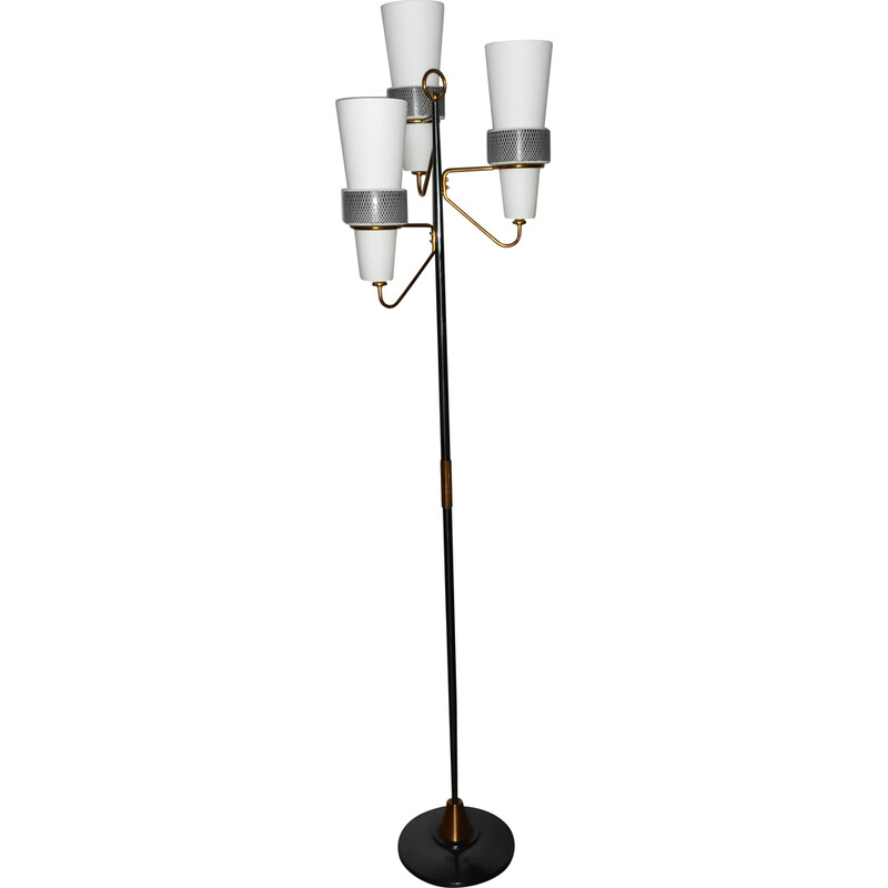 Vintage golden brass floor lamp with 3 lights for La Maison Arlus, 1950