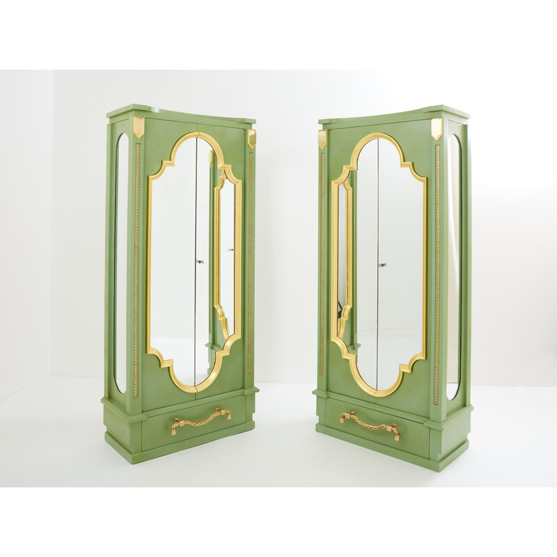 Pair of vintage cabinets in solid oak wood decorated with celadon green lacquer by André Arbus, 1930