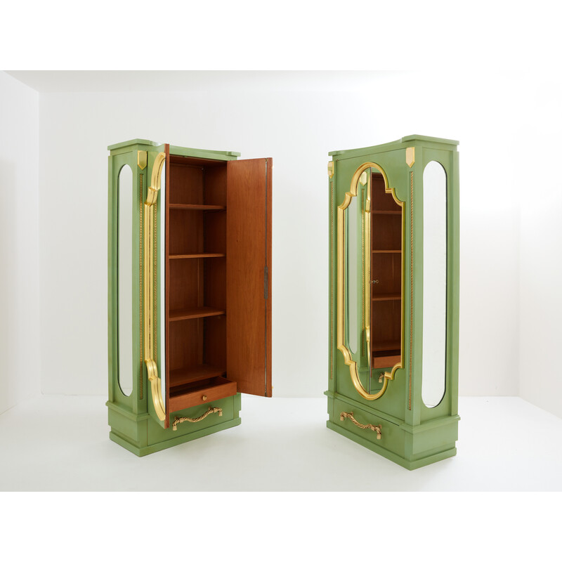 Pair of vintage cabinets in solid oak wood decorated with celadon green lacquer by André Arbus, 1930