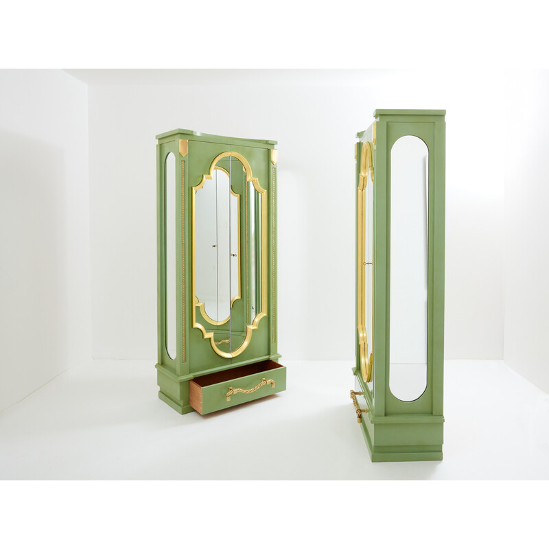 Pair of vintage cabinets in solid oak wood decorated with celadon green lacquer by André Arbus, 1930