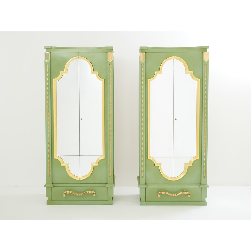 Pair of vintage cabinets in solid oak wood decorated with celadon green lacquer by André Arbus, 1930