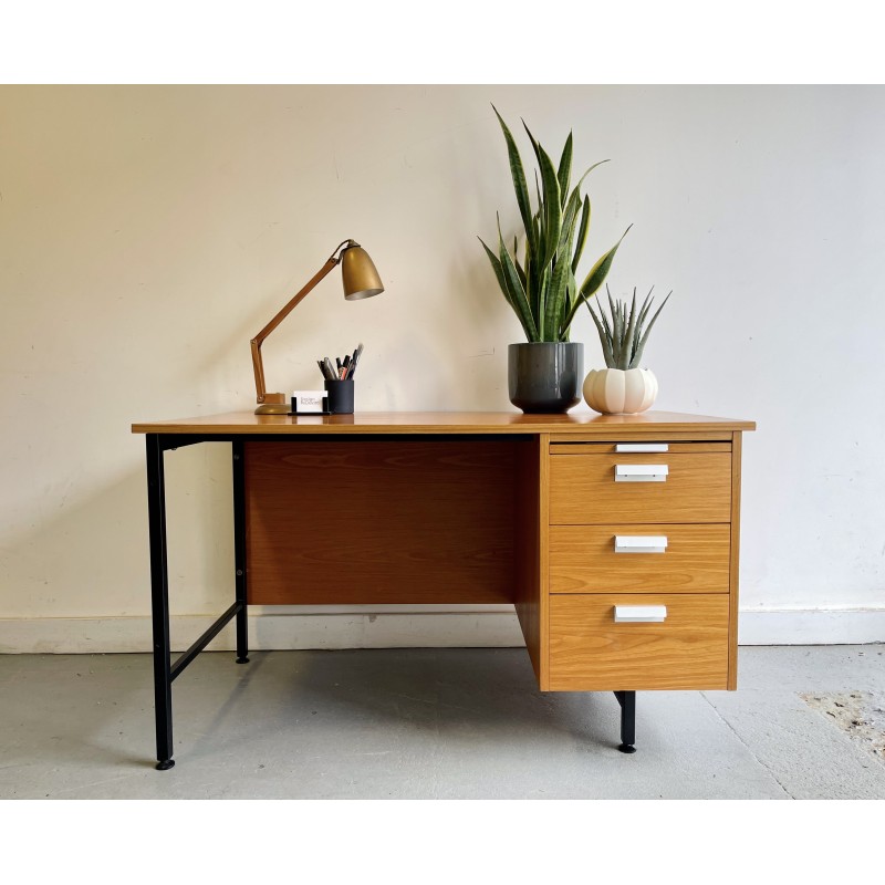 Bureau vintage en placage de teck et métal noir avec tiroirs, 1970