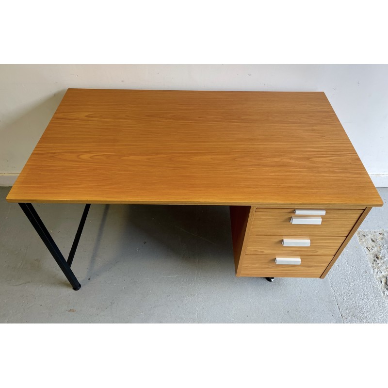 Vintage teak veneer and black metal desk with drawers, 1970