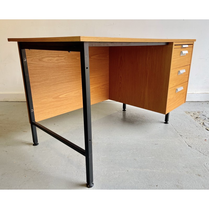 Vintage teak veneer and black metal desk with drawers, 1970