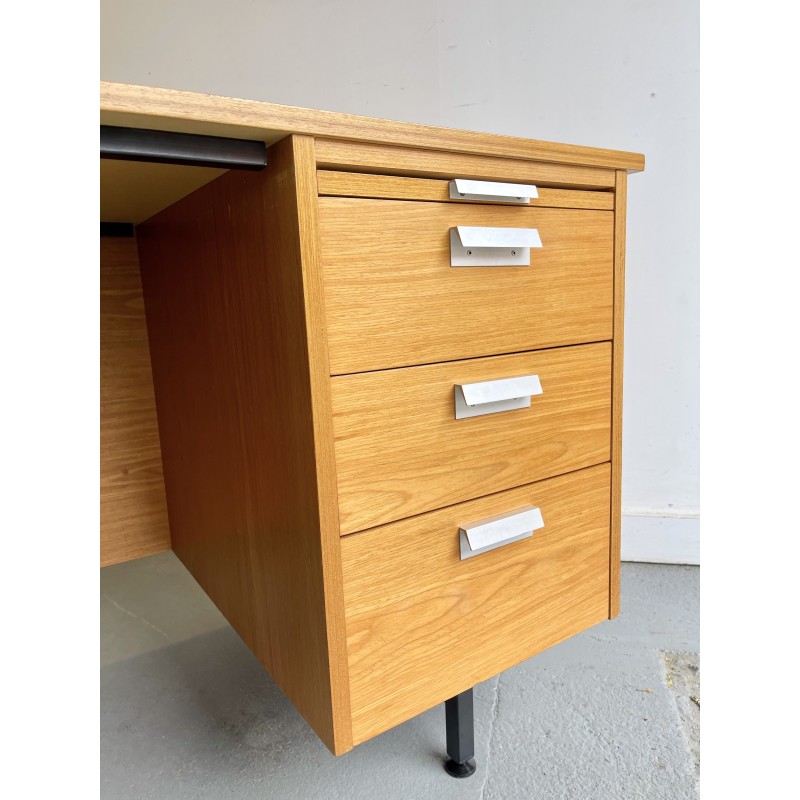 Vintage teak veneer and black metal desk with drawers, 1970