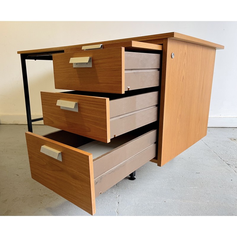 Vintage teak veneer and black metal desk with drawers, 1970