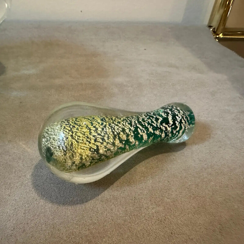 Vintage green and gold Murano bullicante glass ashtray and pestle, Italy 1960