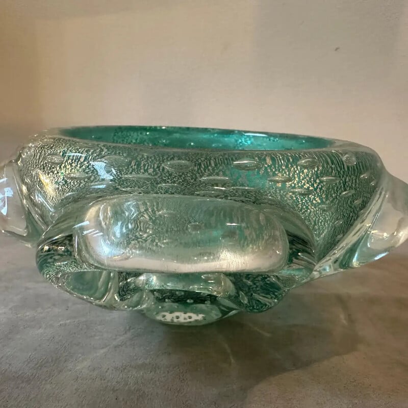 Vintage green and gold Murano bullicante glass ashtray and pestle, Italy 1960