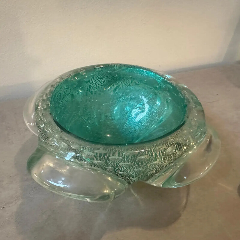 Vintage green and gold Murano bullicante glass ashtray and pestle, Italy 1960