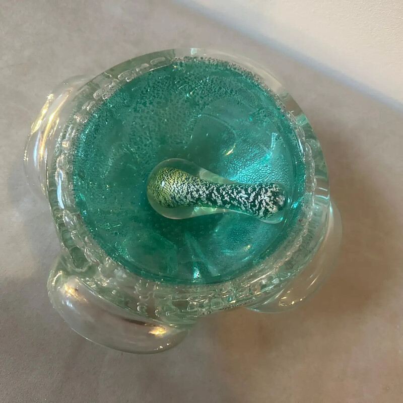 Vintage green and gold Murano bullicante glass ashtray and pestle, Italy 1960